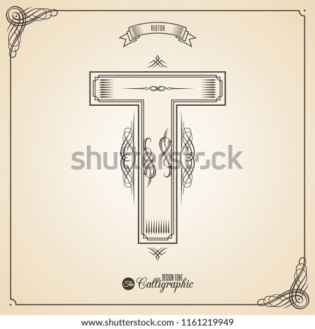 Calligraphic Fotn with Border, Frame Elements and Invitation Design Symbols. Collection of  glyph. Certificate Decor. Hand written retro feather Symbol. Letter T