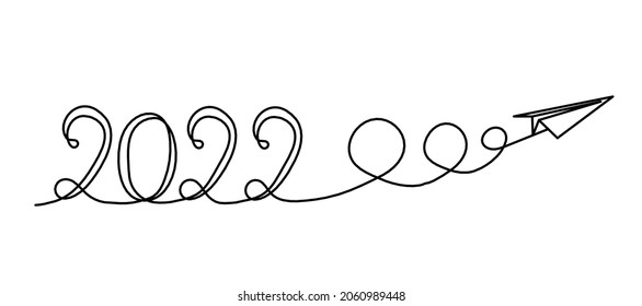Calligraphic inscription of year "2022" with paper plane as continuous line drawing on white background