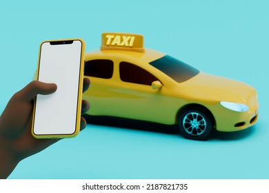 Calling A Taxi By Phone. Online Taxi. Search And Pay The Car Fare Via Smartphone. An African American Man Holds A Smartphone In His Hand Next To A Yellow Taxi Car On A Turquoise Background. 3d Render.