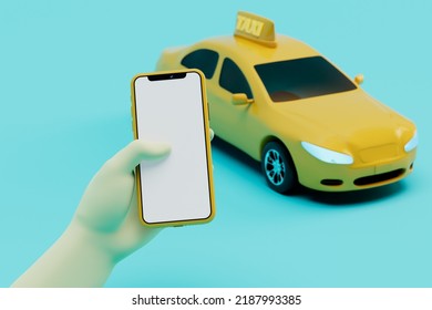 Calling A Taxi By Phone. Online Taxi. Search And Pay The Car Fare Via Smartphone. An European Man Holds A Smartphone In His Hand Next To A Yellow Taxi Car On A Turquoise Background. 3d Render.