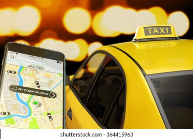 Calling Taxi From Mobile Phone Concept, Yellow Cab Transportation Network, Modern Smartphone With App For Online Taxi Ordering Service On Screen, Car With Taxi Sign At Roof On Street At Night