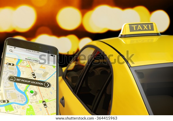 Calling taxi from mobile phone concept, yellow cab\
transportation network, modern smartphone with app for online taxi\
ordering service on screen, car with taxi sign at roof on street at\
night