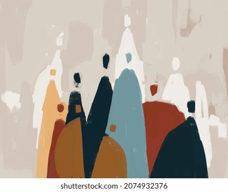 Calm Group Of Abstract People With Symbolic Shape Together, Mix-media Concept Art, Graffiti Painting And Mix Media. Aesthetic Gouache Painting With Deep Color. Painting For Wall Art