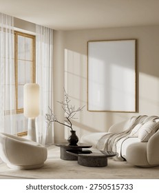 A calm Japandi interior featuring a vertical poster frame mock-up, rounded cream seating, soft warm lighting and organic textures forming a balanced contemporary presentation. 3D illustration.