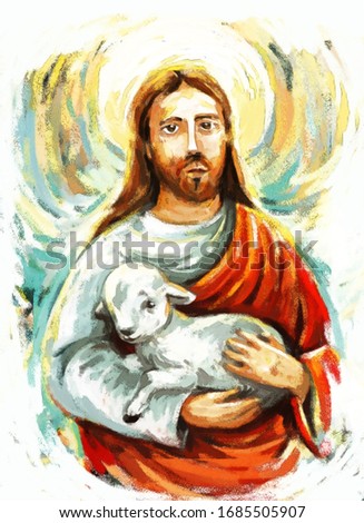 calm jesus messiah with the lamb and resurrection with nature background - illustration for children