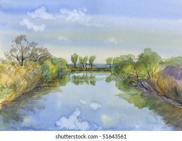 Calm Landscape Lake Watercolor Painting Nature Stock Illustration ...