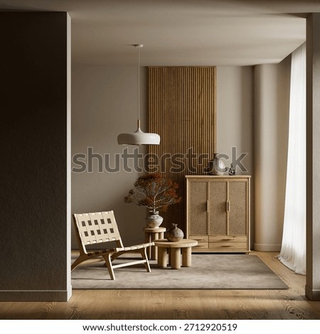 A calm reading corner interior styled with organic materials, wooden accents, and refined décor elements that form a balanced and softly illuminated space. 3D illustration