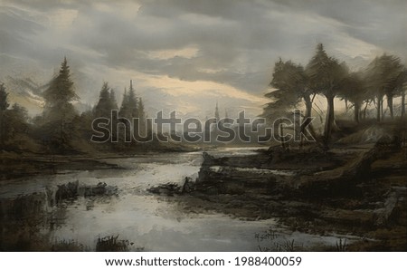 A calm river in the foothills of the Alps. Oil painting on canvas. The painting is made in the style of landscapes by Thomas Cole and Frederick Church. Contemporary art.