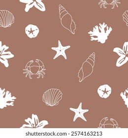 A calming and coastal seamless pattern featuring seashells, starfish, crabs, and lilies on a sandy brown background. Perfect for adding a touch of beachy vibes to any design project.