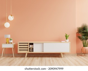 Calming Coral Wall Background, A Modern Living Room Decor With A Tv Cabinet.3d Rendering