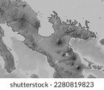 Camarines Sur, province of Philippines. Grayscale elevation map with lakes and rivers