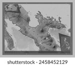 Camarines Sur, province of Philippines. Grayscale elevation map with lakes and rivers. Locations of major cities of the region. Corner auxiliary location maps