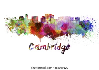 Cambridge MA skyline in watercolor splatters with clipping path