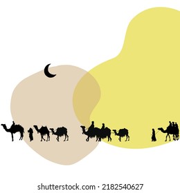 Camel Convoy On The Desert Night. Silhouette On An Amorphous Background