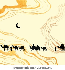 Camel Convoy On The Desert Night. Silhouette On An Amorphous Background