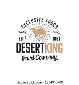 Camel logo template concept. Travel company logotype. Desert king text quote. Exclusive tours vacation business emblem. Stock badge isolated on white background.