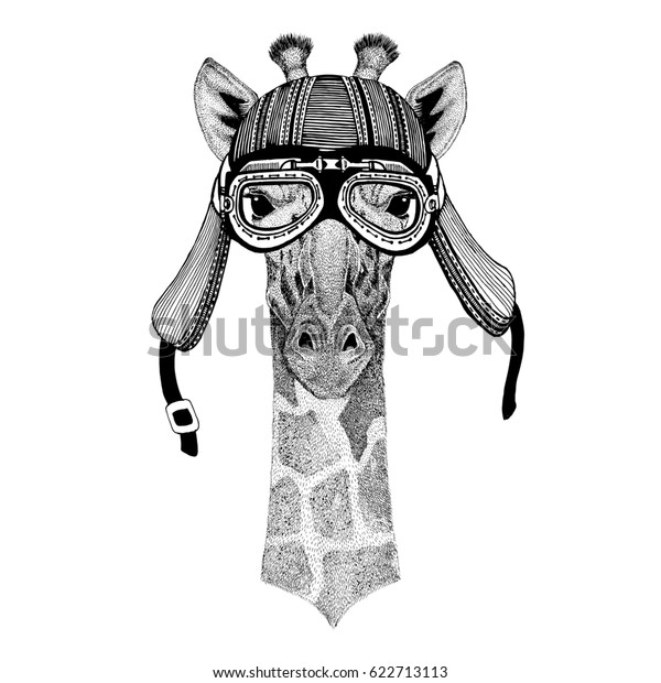 キャメロパード キリン手描きのtシャツ タトゥー エンブレム バッジ ロゴ パッチ用の自動二輪車のヘルメットをかぶった動物の画像 のイラスト素材
