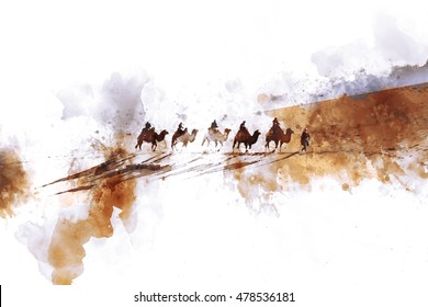 Camels and people on silk road, watercolor illustration