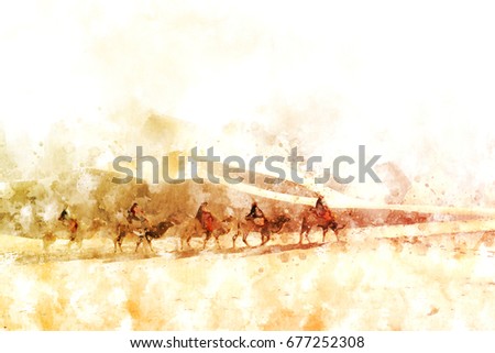 Camels and people walking on sand dune of desert, The route called Silk Road in history,  digital watercolor illustration painting