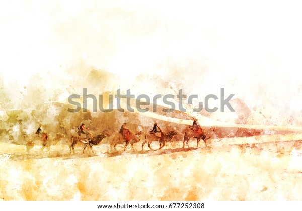 砂漠の砂丘を歩くラクダや人々 歴史のシルクロードというルート デジタル水彩図 のイラスト素材