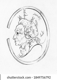 Cameo Painting Of A Man In A 18th Century Wig With Spirits Dancing On His Head.