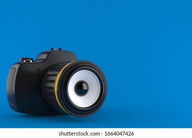 Camera with audio speaker isolated on blue background. 3d illustration