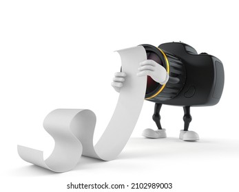 Camera Character Reading A Long List Isolated On White Background. 3d Illustration