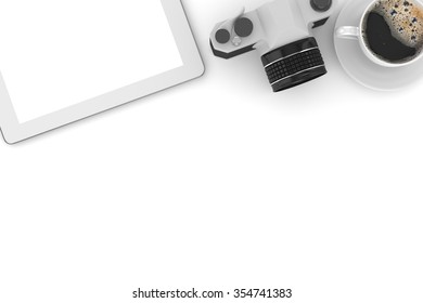 camera and coffee on table, workplace, top view