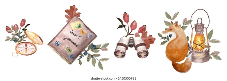 Camera, diary, binoculars, lantern with forest elements watercolor vintage border. High quality hand painted art isolated on white. Great for cards, tape, stickers, banners, advertisements, guides. - Powered by Shutterstock