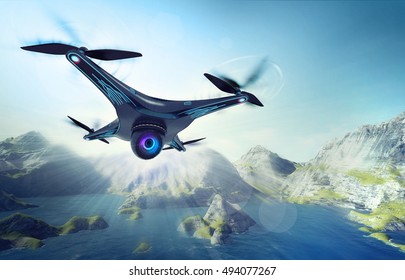 camera drone flying over lake with mountains, futuristic black drone nature exploration 3D illustration