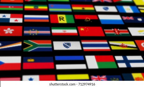 The camera flies through a flag on black background. Several flags clusters fly past, and flags of different countries can be seen in the middle. Computer animated. 3d render