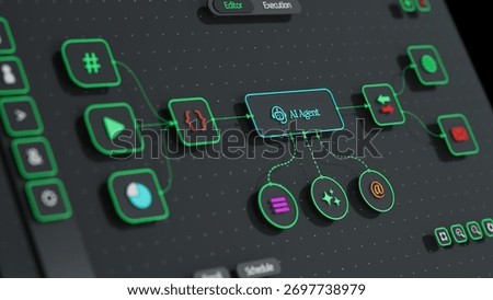 Camera focused on the AI Agent node automation with blur effects. 3d render of an AI automation system.