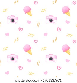 Camera, Ice Cream Seamless Pattern, Background