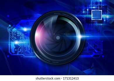 Camera Lens And Circuit Board. Digital Photography Concept.