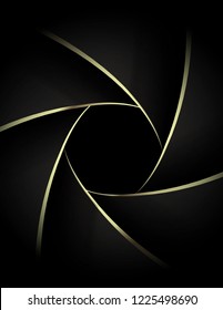 Camera lens close up with golden shutter blades. Wedding photography or videography concept. Gold on black