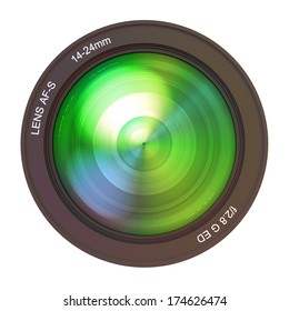Camera lens with green reflection on a white background