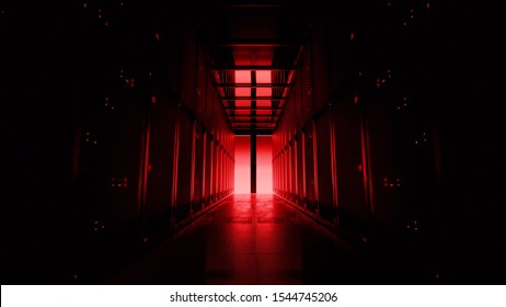 Camera moving along the corridor in data center with server equipment, the lights turning off until total darkness, then red light suddenly lights up in danger. Photorealistic 3D render animation.