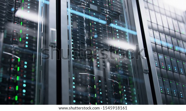 Camera moving in data center along the racks\
with server equipment, close up view. Seamlessly looped\
photorealistic 3D render\
animation.