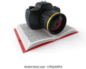 Camera on open book isolated on white background. 3d illustration
