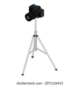 Camera On A Tripod Isolated On White Background. Camera Mounted On Tripod. Isometric View. Raster