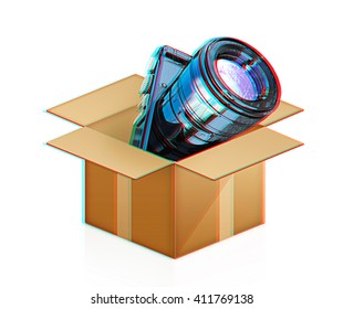 camera out of the box on a white background. 3D illustration. Anaglyph. View with red/cyan glasses to see in 3D.