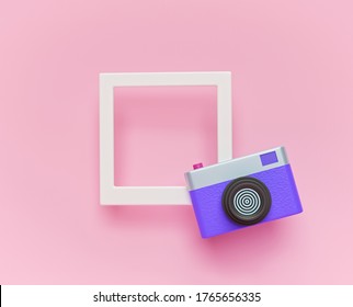 camera with photo frame minimal abstract concept. copy space. 3d rendering