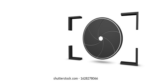 Camera Shutter Aperture Banner - Black 3D Illustration - Isolated On White Background