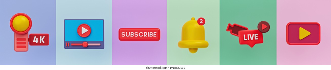 Camera, Video Player, Subscribe Button, Notification Bell Icon, Live Chat, Play Button. Minimal Trendy Social Media Vlog Icons For Web Banner. 3d Rendering