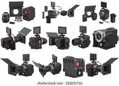 Camera video professional device set. 3D rendering