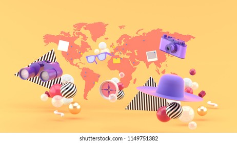 Cameras, binoculars, sunglasses, compasses and hats floating on the map and orange background.-3d rendering. - Powered by Shutterstock