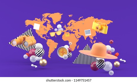 Cameras, binoculars, sunglasses, compasses and hats floating on the map and purple background.-3d rendering. - Powered by Shutterstock