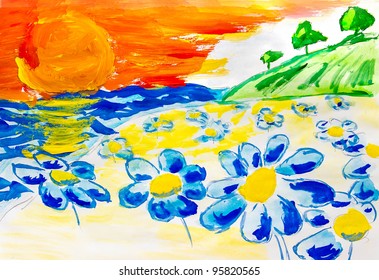 Camomile Style Of Van Gogh Field Near River A Beautiful Sky With Sun Watercolor Background