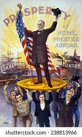 Campaign Poster Showing William McKinley Holding U.S. Flag And Standing On Gold Coin.