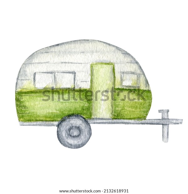 Camper trailer watercolor isolated on white\
background illustration. Vacation tourism travel camp, summer car\
home trip,\
vehicle.